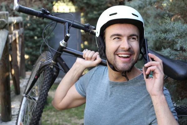 Portrait Handsome Young Man Helmet Bicycle Nature — 스톡 사진