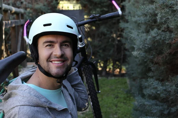 Portrait Handsome Young Man Helmet Bicycle Nature — Foto Stock