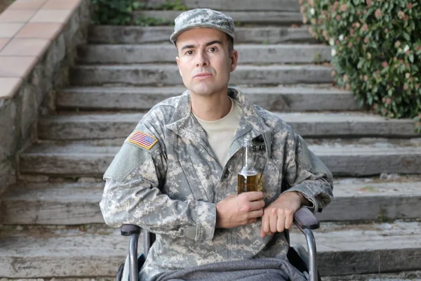 Close Portrait Handsome Young Soldier Uniform Sitting Wheelchair Front Stairs — Stock Photo, Image