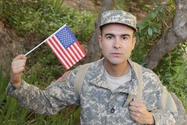 Close Portrait Handsome Young Soldier Uniform Usa Flag — Stock Photo, Image