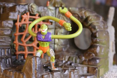 Kırsal arka planda oyuncağın yakın plan çekimi He-Man ve Evrenin Efendileri koleksiyonu.