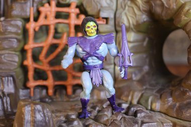 Kafatası oyuncağının yakın plan fotoğrafı, He-Man ve Evrenin Efendileri koleksiyonu.
