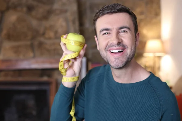 Close Portrait Handsome Young Man Holding Green Apple Measuring Tape — 스톡 사진