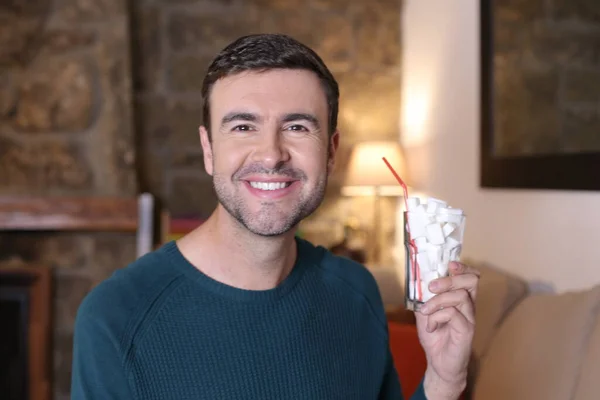 Close Portrait Handsome Young Man Holding Glass Sugar Cubes — 스톡 사진