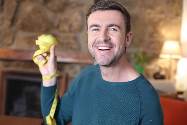 Close Portrait Handsome Young Man Holding Green Apple Measuring Tape — 스톡 사진