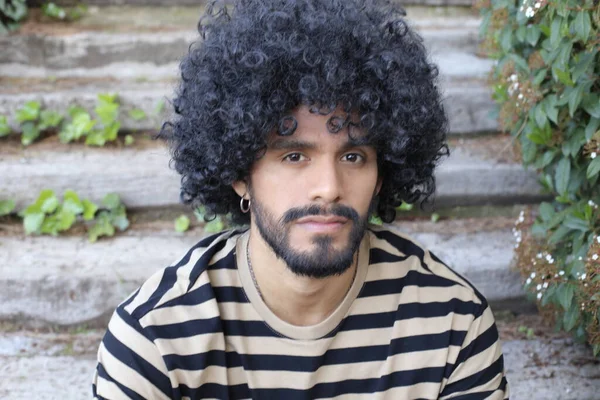 Close Portrait Handsome Young Man Afro Haircut Outdoors — стоковое фото