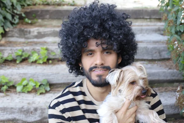 Close Portrait Handsome Young Man Afro Haircut Holding Cute Dog — 스톡 사진