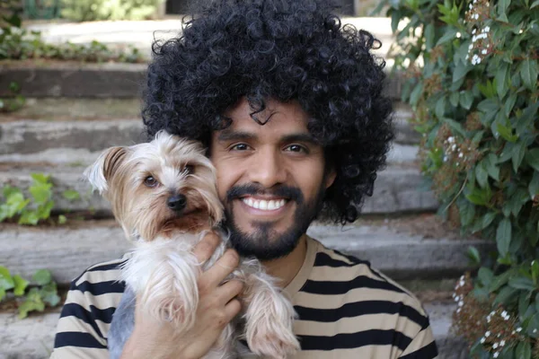 Close Portrait Handsome Young Man Afro Haircut Holding Cute Dog — ストック写真