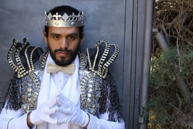 Kral tacıyla karnaval kostümlü yakışıklı genç adamın yakın plan portresi.