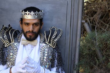 Kral tacıyla karnaval kostümlü yakışıklı genç adamın yakın plan portresi.