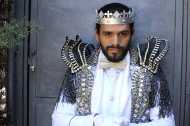 Kral tacıyla karnaval kostümlü yakışıklı genç adamın yakın plan portresi.
