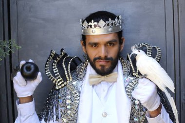 Kral tacıyla karnaval kostümlü yakışıklı genç adamın yakın plan portresi.