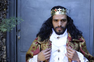 Kral tacıyla karnaval kostümlü yakışıklı genç adamın yakın plan portresi.