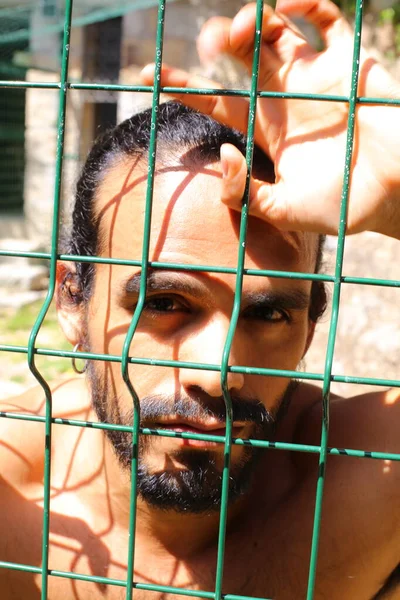 Close Portrait Handsome Shirtless Young Man Fence — стоковое фото