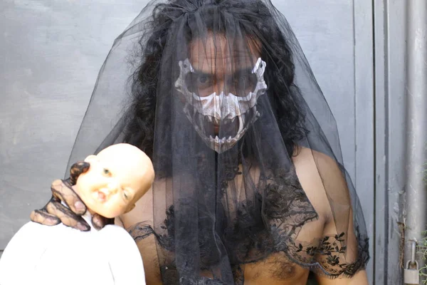 Close Portrait Shirtless Young Man Mask Black Veil Holding Doll — Stock Photo, Image