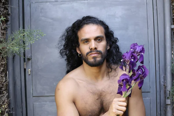 Close Portrait Handsome Shirtless Young Man Holding Purple Orchid Flowers — Stock Photo, Image