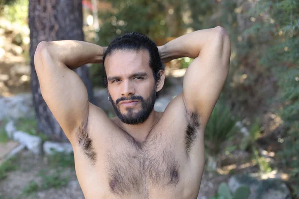 Close Portrait Handsome Shirtless Young Man Outdoors — Stock Photo, Image