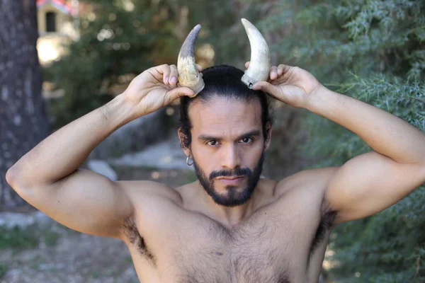 Close Portrait Handsome Shirtless Young Man Horns Outdoors — Stock Photo, Image