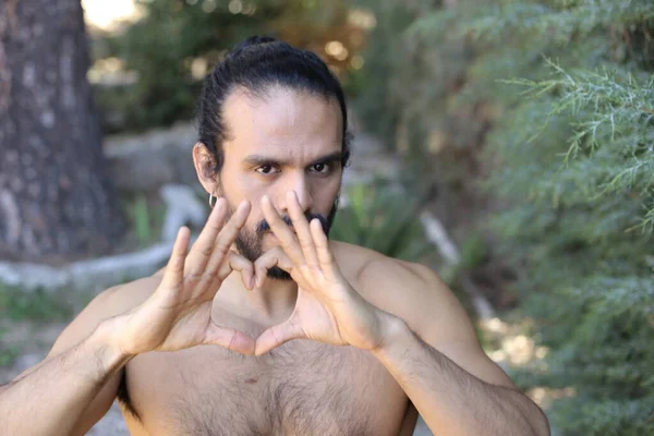 Close Portrait Handsome Shirtless Young Man Making Heart Shaped Gesture — Stock Photo, Image