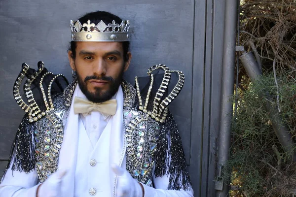 Close Portret Van Knappe Jongeman Stijlvol Carnaval Kostuum Met Koningskroon — Stockfoto