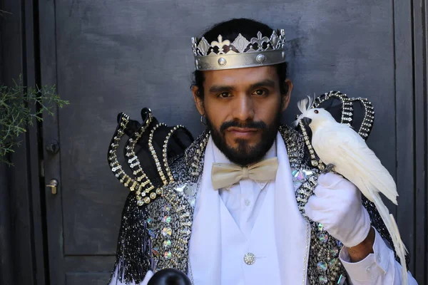 Close Portret Van Knappe Jongeman Stijlvol Carnaval Kostuum Met Koningskroon — Stockfoto