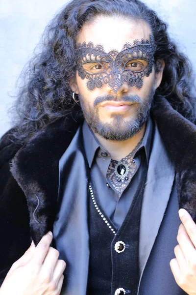 Close Portrait Handsome Young Man Stylish Carnival Costume Black Mask — Stock Photo, Image