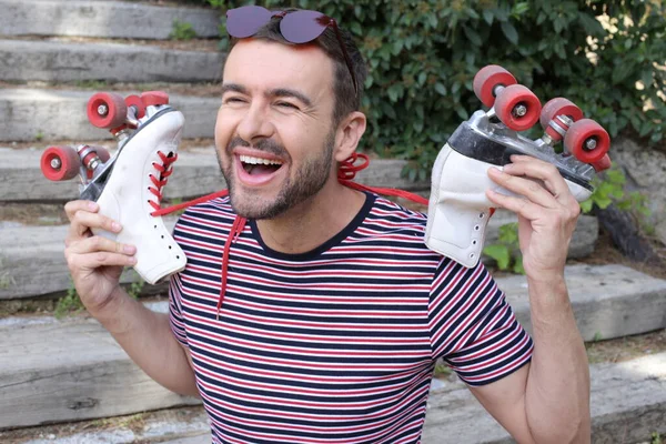 Close Portrait Handsome Young Man Vintage Roller Skates — Foto Stock