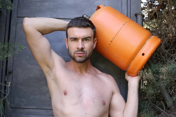 Close Portrait Handsome Young Man Holding Gas Can — Foto Stock