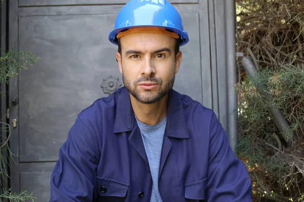 Close Portrait Handsome Young Worker Uniform Helmet — Foto Stock