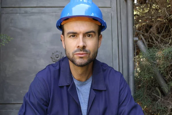 Close Portrait Handsome Young Worker Uniform Helmet — 스톡 사진