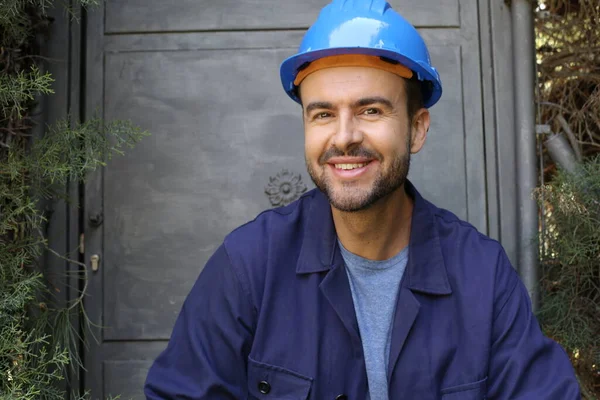 Close Portrait Handsome Young Worker Uniform Helmet — Fotografia de Stock