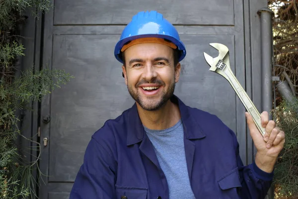 Close Portrait Handsome Young Worker Uniform Helmet Wrench — Fotografia de Stock