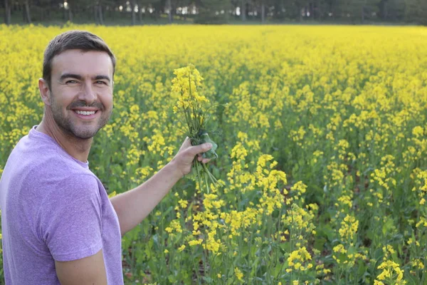 Close Portrait Handsome Young Man Beautiful Yellow Flowers Meadow — Stock Photo, Image