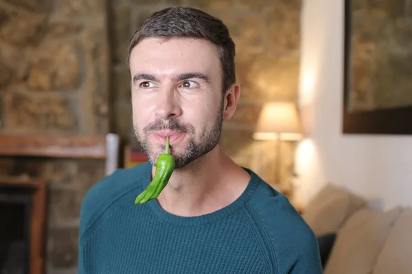 Close Portrait Handsome Young Man Green Chili Pepper Home — Photo