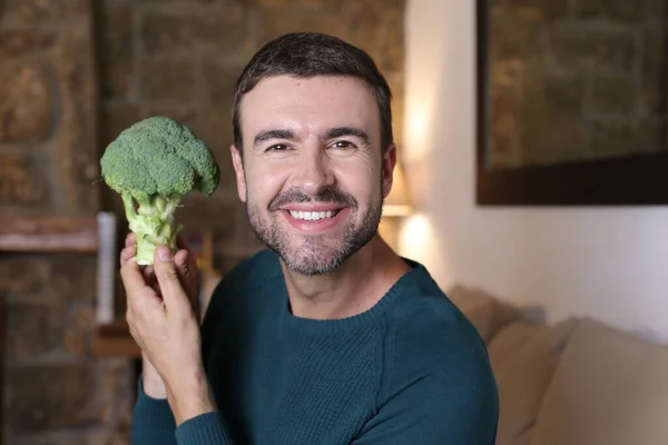 Close Portrait Handsome Young Man Holding Ripe Broccoli Home — Φωτογραφία Αρχείου