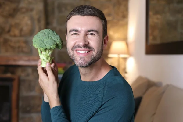 Close Portrait Handsome Young Man Holding Ripe Broccoli Home — Stock Fotó
