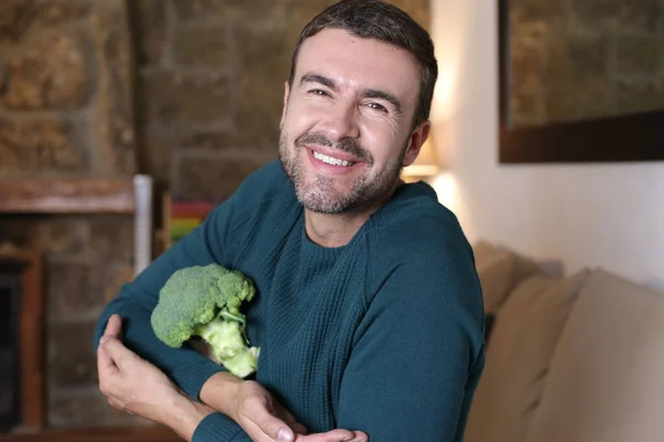 Close Portrait Handsome Young Man Holding Ripe Broccoli Home — Φωτογραφία Αρχείου