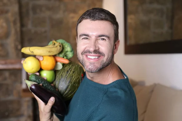 Close Portrait Handsome Young Man Holding Bunch Fruits Vegetables Home — Stock Fotó