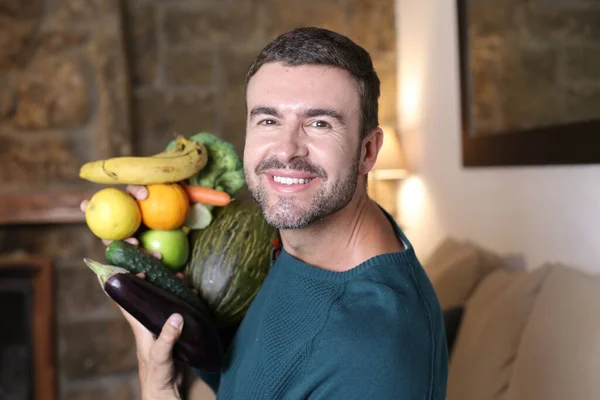 Close Portrait Handsome Young Man Holding Bunch Fruits Vegetables Home — Φωτογραφία Αρχείου