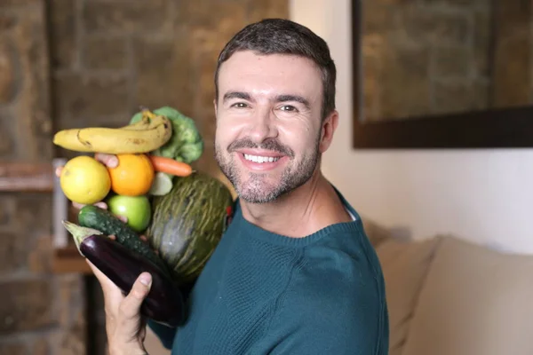 Close Portrait Handsome Young Man Holding Bunch Fruits Vegetables Home — Φωτογραφία Αρχείου