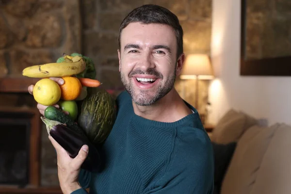 Close Portrait Handsome Young Man Holding Bunch Fruits Vegetables Home — Foto Stock