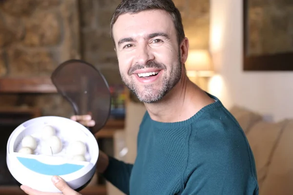 Close Portrait Handsome Young Man Holding Container Eggs Home — Foto Stock