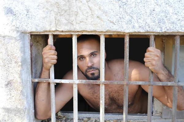 Close Portrait Handsome Shirtless Young Man Jail Window — Stockfoto