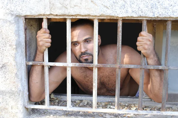 Close Portrait Handsome Shirtless Young Man Jail Window — Stockfoto