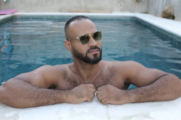 Close Portrait Handsome Young Man Relaxing Swimming Pool — Foto Stock