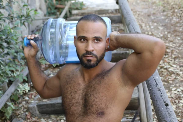 Close Portrait Handsome Shirtless Young Man Holding Water Bottle Outdoors — Stock Fotó