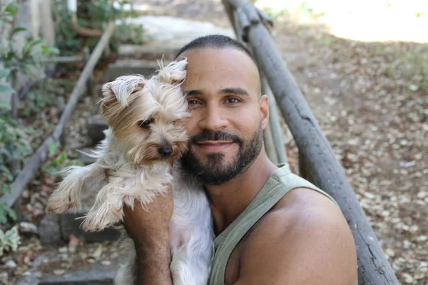 Close Portrait Handsome Young Man Holding Adorable Puppy Outdoors Park — Foto de Stock