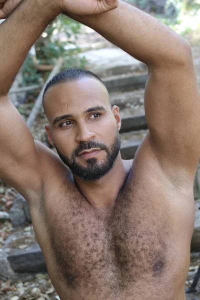 Close Portrait Handsome Shirtless Young Man Outdoors Park — Stock Photo, Image