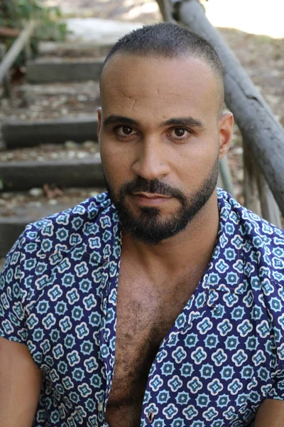 Close Portrait Handsome Young Man Blue Shirt Outdoors Park — 图库照片