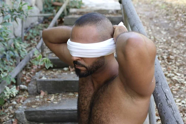 Close Portrait Handsome Shirtless Young Man Tied Eyes Outdoors Park — Fotografia de Stock